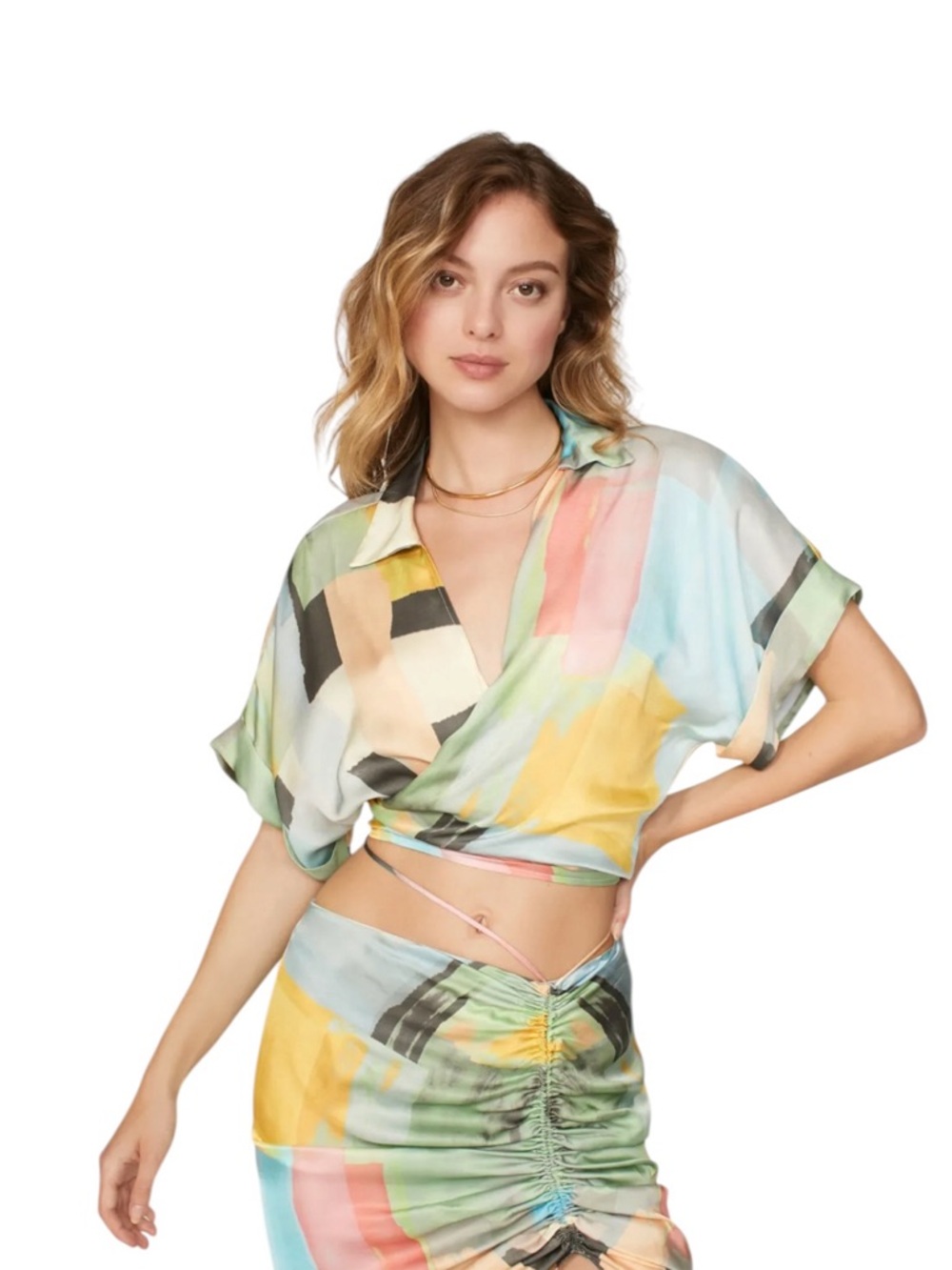 Just Bee Queen- Chiara Women's Multi-Color Abstract Print Wrap Crop Top Size M